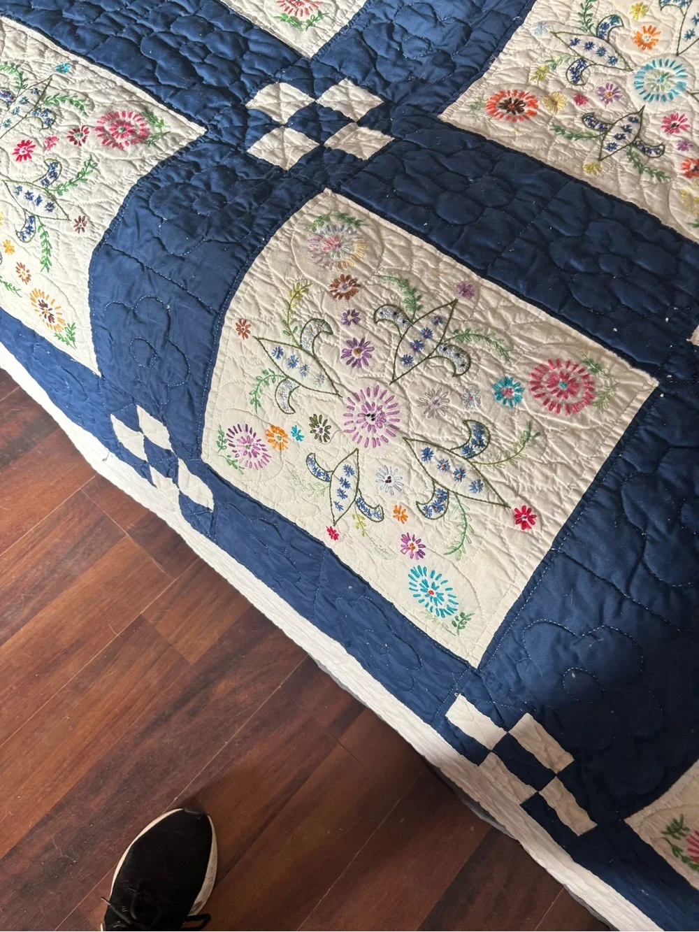 Handcrafted Floral Embroidered Quilt - Navy and White